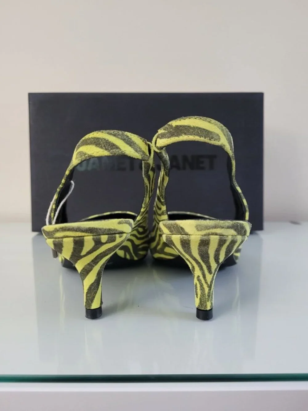 Janet & Janet Zebra Print Slingback Heels Size 37 Lime Green Black